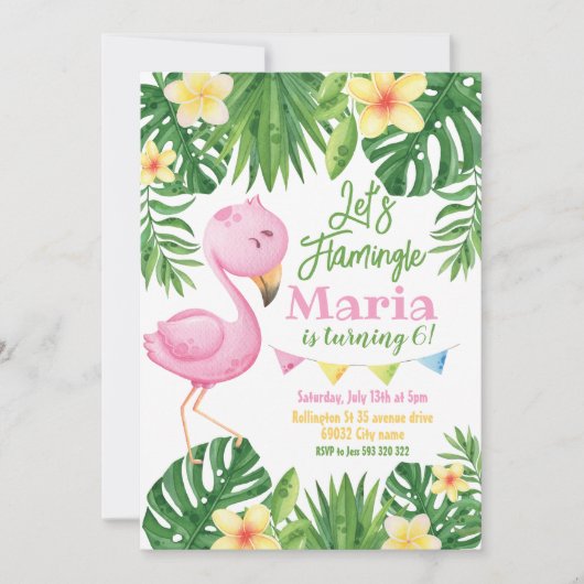 Lasst uns Flamingle Flamingo Tropical Birthday Einladung (Vorderseite)