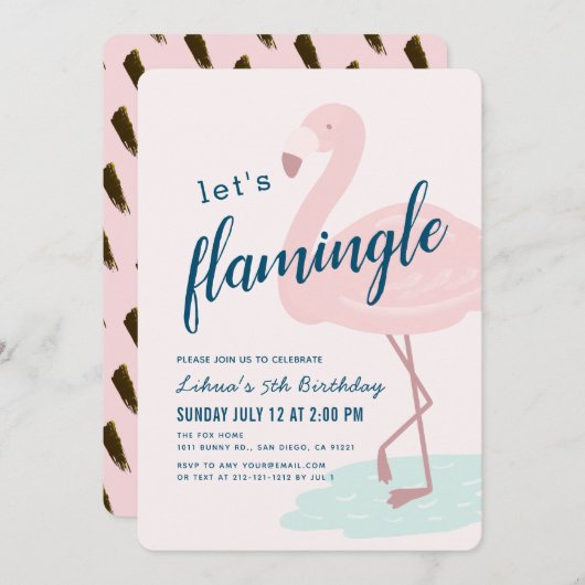 Lasst uns Flamingle Framingo Girl Pink Geburtstag Einladung (Vorne/Hinten)