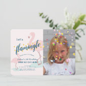 Lasst uns Flamingle Framingo Pink Foto Girl Birthd Einladung (Stehend Vorderseite)