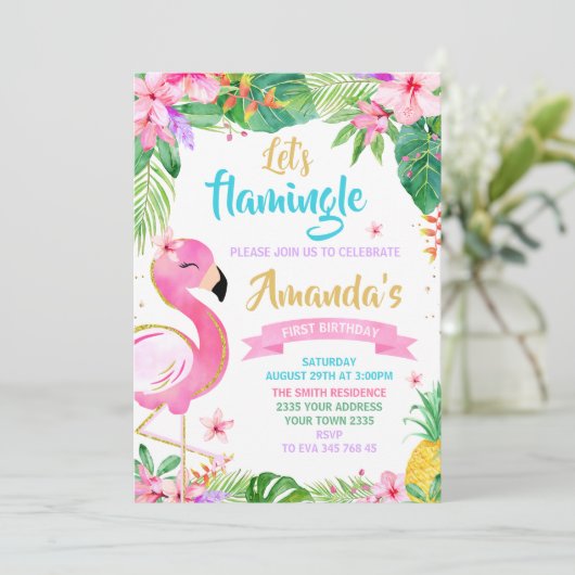 Lasst uns Flamingle Geburtstag Einladung (Stehend Vorderseite)