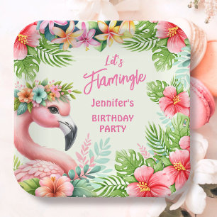Lasst uns Flamingle Girl Pink Flamingo Geburtstags Pappteller