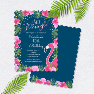 Lasst uns Flamingle Navy Blue Tropical Floral Gebu Einladung