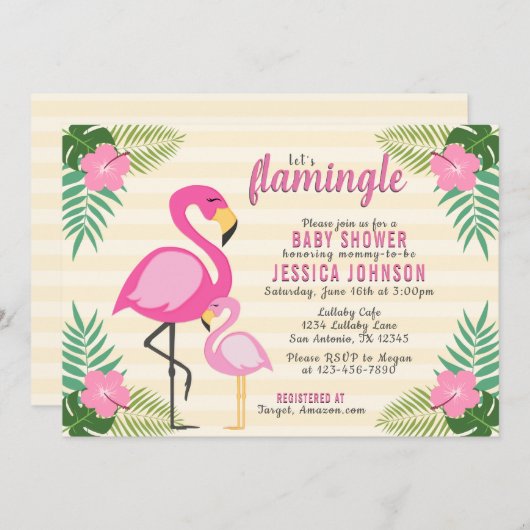 Lasst uns Flamingle Pink Flamingo Baby Dusche Einladung (Vorne/Hinten)