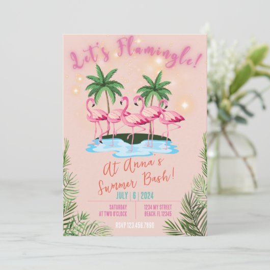 Lasst uns Flamingle spielen! Flamingo Thema Summer Einladung (Stehend Vorderseite)