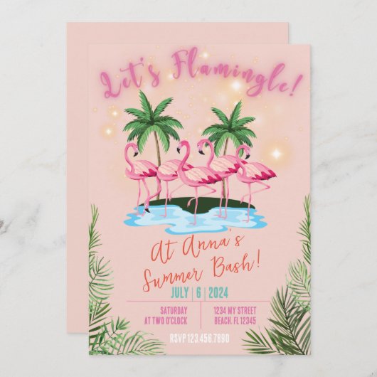 Lasst uns Flamingle spielen! Flamingo Thema Summer Einladung (Vorne/Hinten)