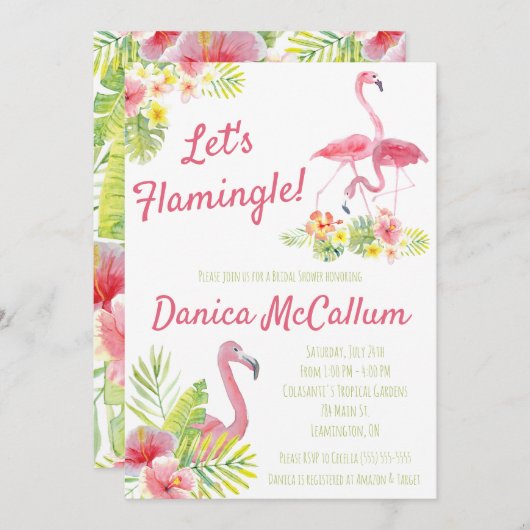 Lasst uns Flamingle spielen! Tropisches Brautparty Einladung (Vorne/Hinten)