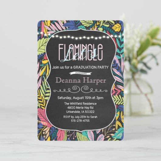 Lasst uns Flamingle Tropical Abschluss Einladung (Stehend Vorderseite)