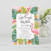 Lasst uns Flamingle Tropical Baby Shower Einladung (Stehend Vorderseite)