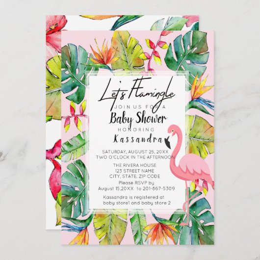 Lasst uns Flamingle Tropical Baby Shower Einladung (Vorne/Hinten)
