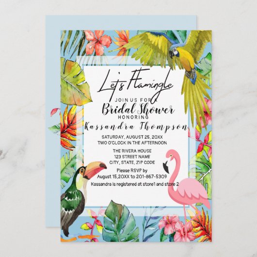 Lasst uns Flamingle Tropical Bridal Dusche Einladu Einladung (Vorne/Hinten)