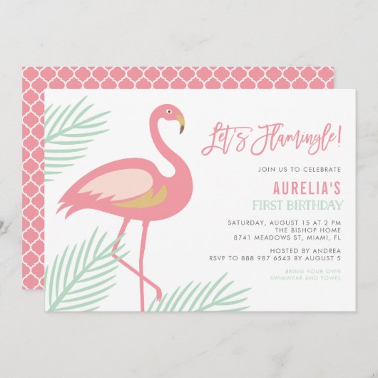 Lasst uns Flamingle Tropical ersten Geburtstag Ein Einladung (Vorne/Hinten)