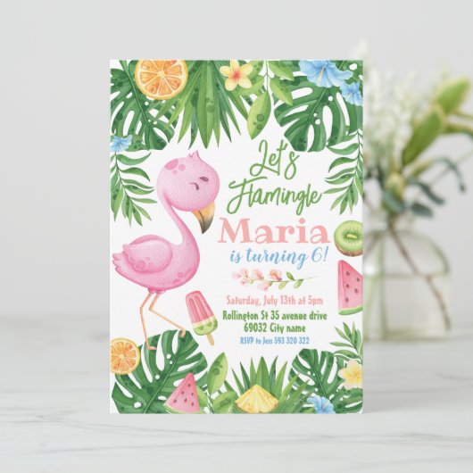 Lasst uns Flamingle Tropical Fruit Flamingo Geburt Einladung (Stehend Vorderseite)
