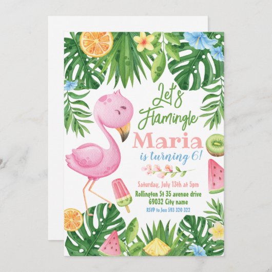 Lasst uns Flamingle Tropical Fruit Flamingo Geburt Einladung (Vorne/Hinten)