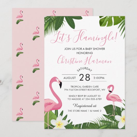 Lasst uns Flamingle Tropical Pink Flamingo Baby Du Einladung (Vorne/Hinten)