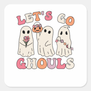 Lasst uns Ghouls Groovy Ghost mit Vintagen Blume g Quadratischer Aufkleber