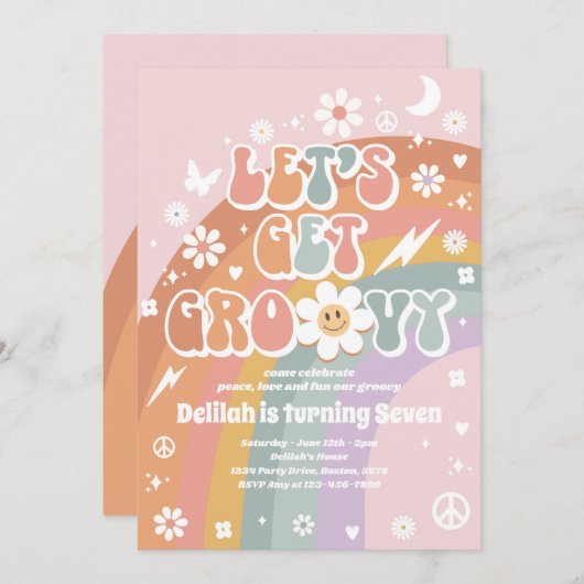 Lasst uns Groovy Hippie Rainbow 70er Birthday Part Einladung (Vorne/Hinten)