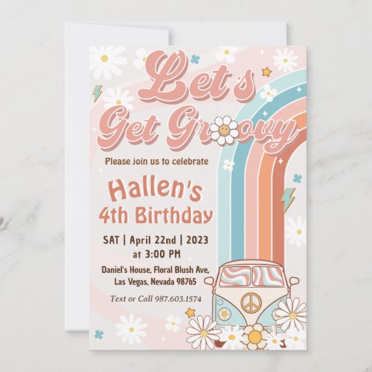 Lasst uns Groovy Retro Boho Daisy Rainbow zum Gebu Einladung (Vorderseite)