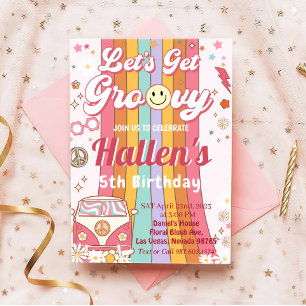 Lasst uns Groovy Retro Boho Daisy Rainbow zum Gebu Einladung