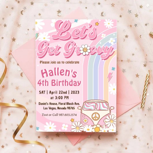 Lasst uns Groovy Retro Boho Daisy Rainbow zum Gebu Einladung