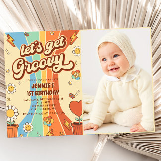 Lasst uns Groovy Retro Rainbow 1. Geburtstag Foto Einladung