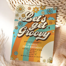 Lasst uns Groovy Retro Rainbow 1. Geburtstag Party Einladung