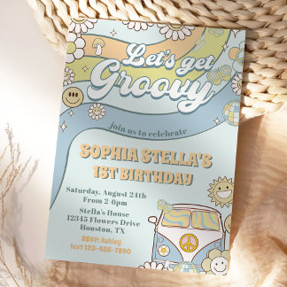 Lasst uns Groovy Retro Rainbow 1. Geburtstag Party Einladung