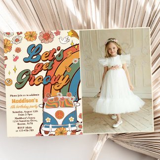 Lasst uns Groovy Retro Rainbow 6. Geburtstag Foto  Einladung