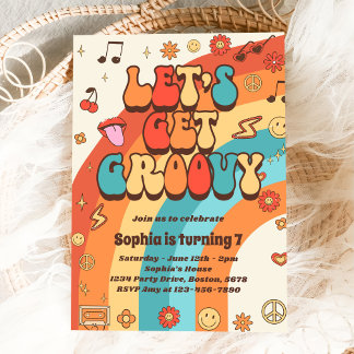 Lasst uns Groovy Retro Rainbow 7. Geburtstag holen Einladung
