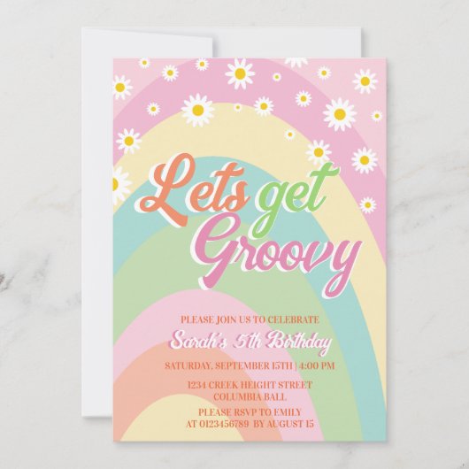 Lasst uns Groovy Retro Rainbow Floral 5. Geburtsta Einladung (Vorderseite)