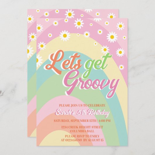 Lasst uns Groovy Retro Rainbow Floral 5. Geburtsta Einladung (Vorne/Hinten)