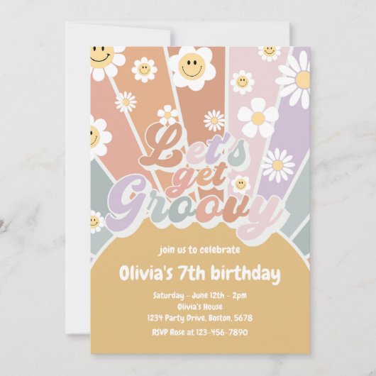 Lasst uns Groovy Retro Sonnenschein Daisy Geburtst Einladung (Vorderseite)