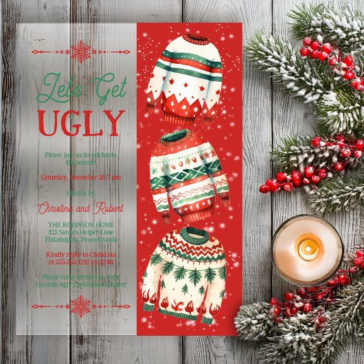 Lasst uns hässliche Weihnachtspullover-Party feier Acryleinladungen