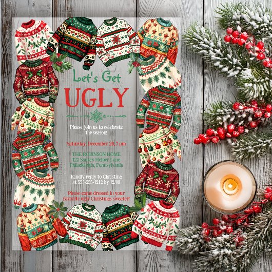 Lasst uns hässliche Weihnachtspullover-Party feier Acryleinladungen