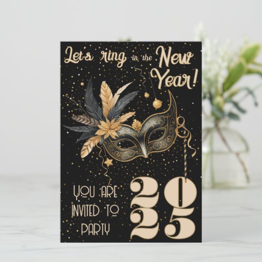 Lasst uns im neuen Party glamourös schwarz klingel Einladung (Stehend Vorderseite)