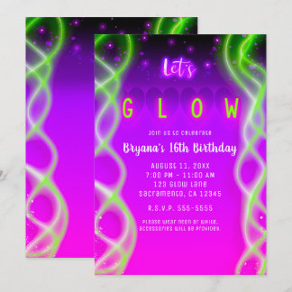 Lasst uns Lila rosa Neon Green Sweet 16 Party glüh Einladung