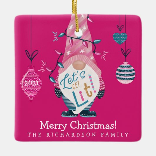 Lasst uns Lit Fun Bright Gnome Weihnachtsbeleuchtu Keramikornament (Vorderseite)