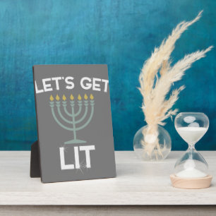 Lasst uns Lit Menorah Chanukah holen Fotoplatte