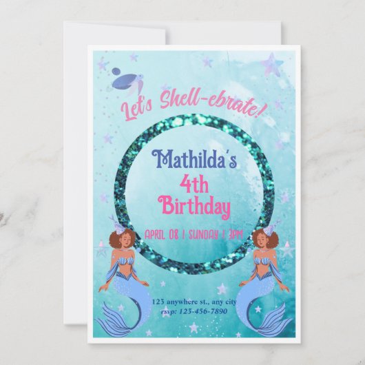 Lasst uns Muschel-ebrate! Meerjungfrau-Thema Einladung (Vorderseite)