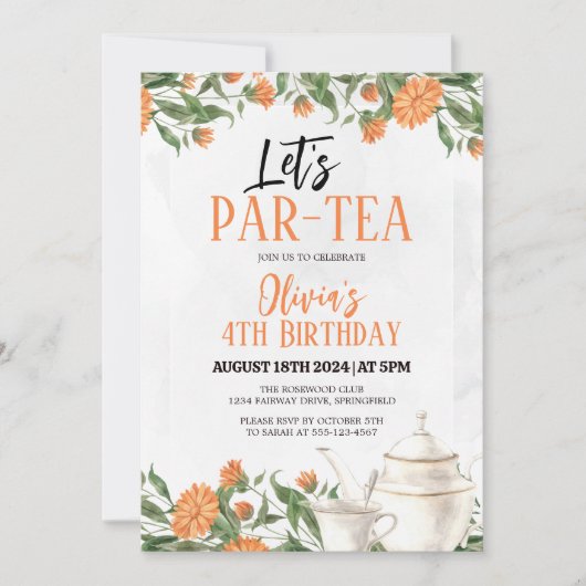 Lasst uns Par-Tee-Party Aquarell Blumentee Geburts Einladung (Vorderseite)