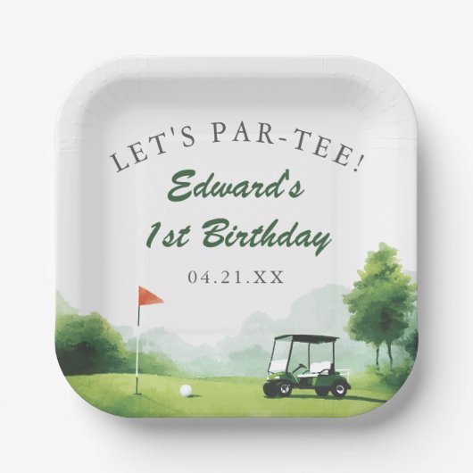 Lasst uns Par-Tee Wasserfarben-Golf-Buggy-Geburtst Pappteller (Vorderseite)