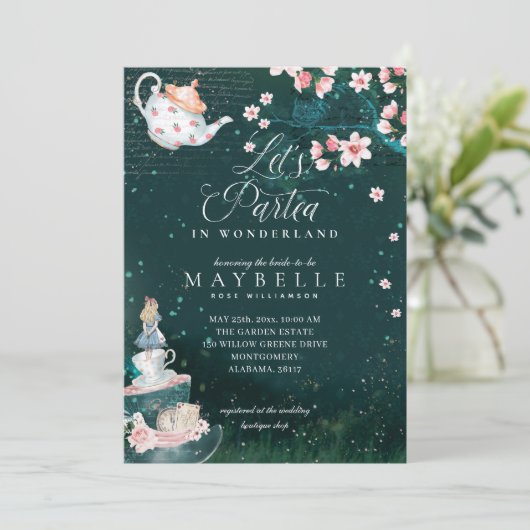 Lasst uns Partea Bridal Alice im Wunderland Tea Pa Einladung (Stehend Vorderseite)