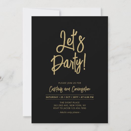 Lasst uns Party | Black Chic Script Cacktail Party Einladung (Vorderseite)