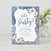 Lasst uns Party blau Glitzer und Blumen funkeln Einladung (Stehend Vorderseite)
