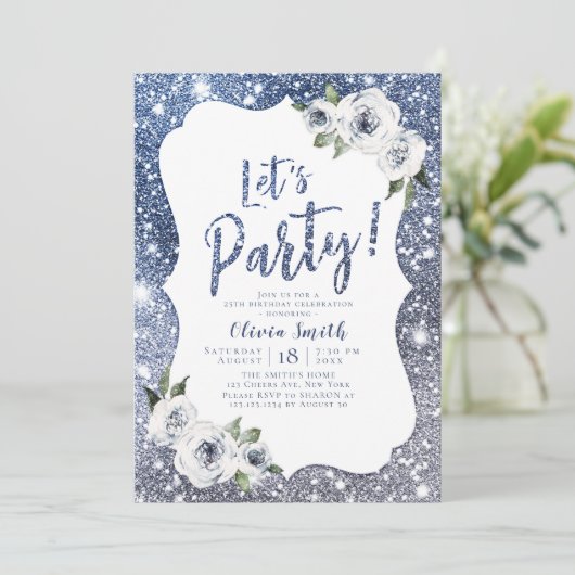 Lasst uns Party blau Glitzer und Blumen funkeln Einladung (Stehend Vorderseite)