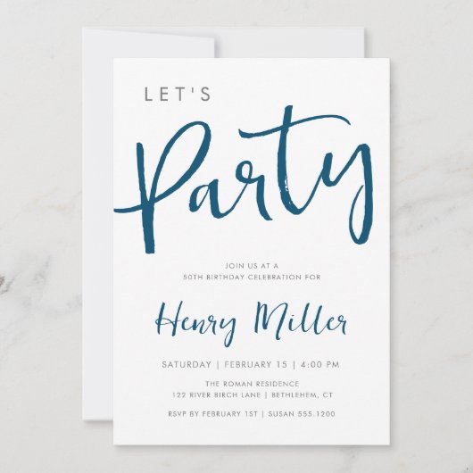 Lasst uns Party Blau und Grau Minimalistisch Gebur Einladung (Vorderseite)