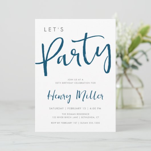 Lasst uns Party Blau und Grau Minimalistisch Gebur Einladung (Stehend Vorderseite)