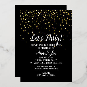Lasst uns Party Confetti auf Black Birthday Party  Folieneinladung