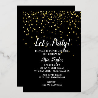 Lasst uns Party Confetti auf Black Birthday Party  Folieneinladung