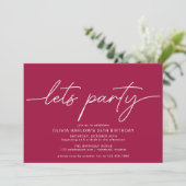 Lasst uns Party | Einfaches Script Maroon Red Birt Einladung (Stehend Vorderseite)