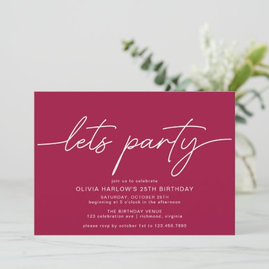 Lasst uns Party | Einfaches Script Maroon Red Birt Einladung (Stehend Vorderseite)